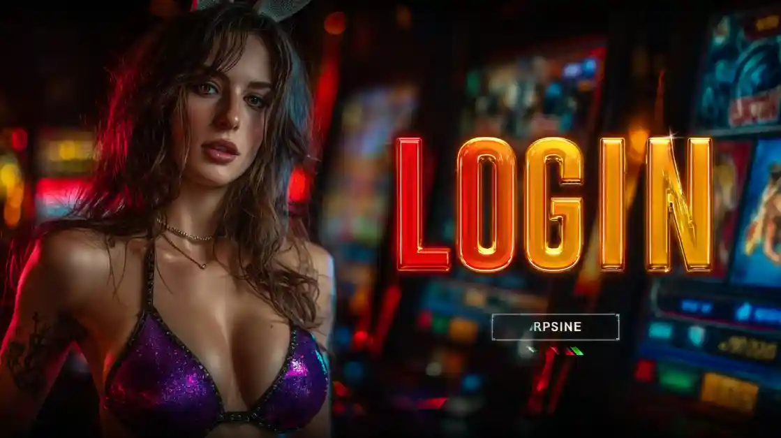 A captivating woman stands beside a LOGIN interface, with bgd33 slot machines softly blurred in the background, inviting users to enter the world of bgd33.